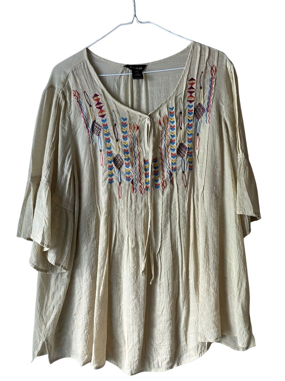 Multiples Embroidered Boho Peasant Blouse Cream Tassel Festival Top XL